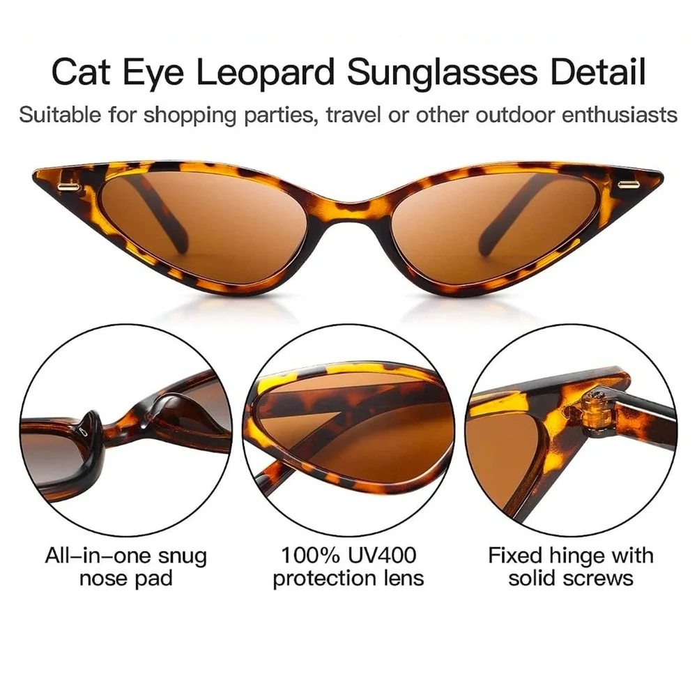 Cat Eye Sunglasses Womens OS Tortoise New Slim Retro Leopard UV400 Narrow Frames